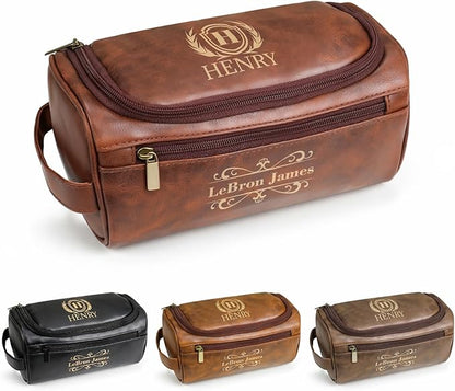 Personalized Toiletry Bag for Men, Custom Leather Shaving Dopp Kit for Him, Engraved Name Initials Travel Bag for Husband, Personalized Christmas Birthday Gifts for Men Dad Groomsmen-Brown