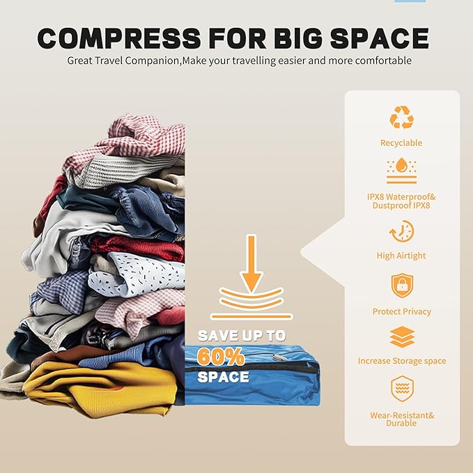 Reusable Vacuum Bags for Travel,Professional Waterproof IPX8 Vacuum Compression Bag for Suitcases Backpack,Space Saver Bags Packing Organizers for Clothing Packing(2PACK NO PUMP)