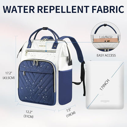 VANKEAN 17 Inch Laptop Backpack for Women Men Fashion Computer Work Bag, Large Capacity Waterproof Backpack with USB Port & RFID Pockets, College Daypack Business Travel, Beige-Haze blue