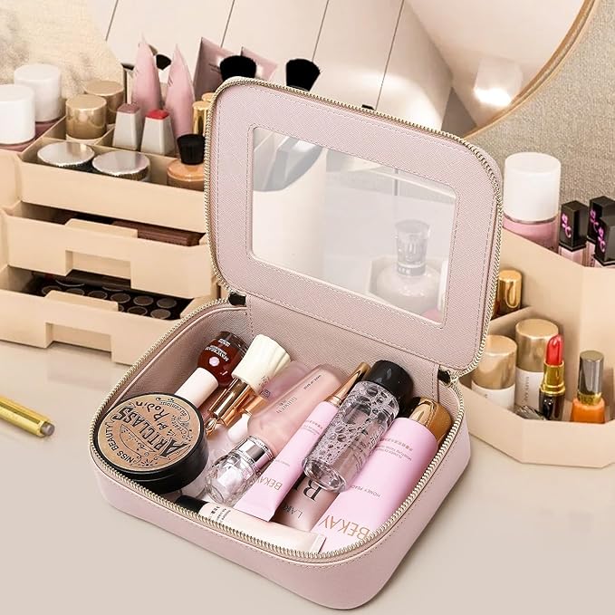 Pinkmik Clear Makeup Bag for Women Waterproof Travel Cosmetics and Toiletries Case Portable Makeup Oaganizer Bag Clear Car Bag with Zipper (Pink, M)
