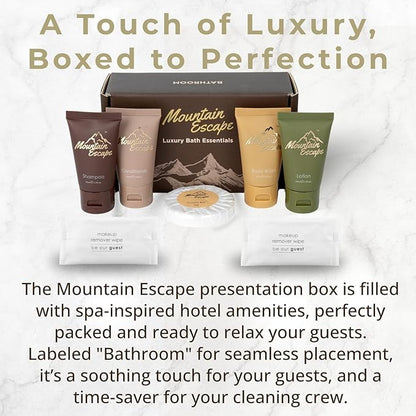 20 Display Ready Boxed Amenity Kits with Premium Hotel Toiletry Essentials - 1 oz Shampoo, Conditioner, Body Wash, Body Lotion, 1.2 oz Guest Soap & 2 Makeup Remover Wipes - Air bnb & Vacation Rentals