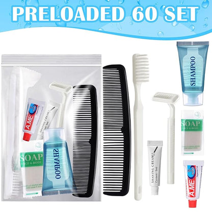 60 Set Travel Convenience Toiletry Kit Bulk Basic Toiletry Kits Travel Size Homeless Personal Hygiene Kit Homeless Care Package Supplies with Reusable Toiletry Bag for Men Charity