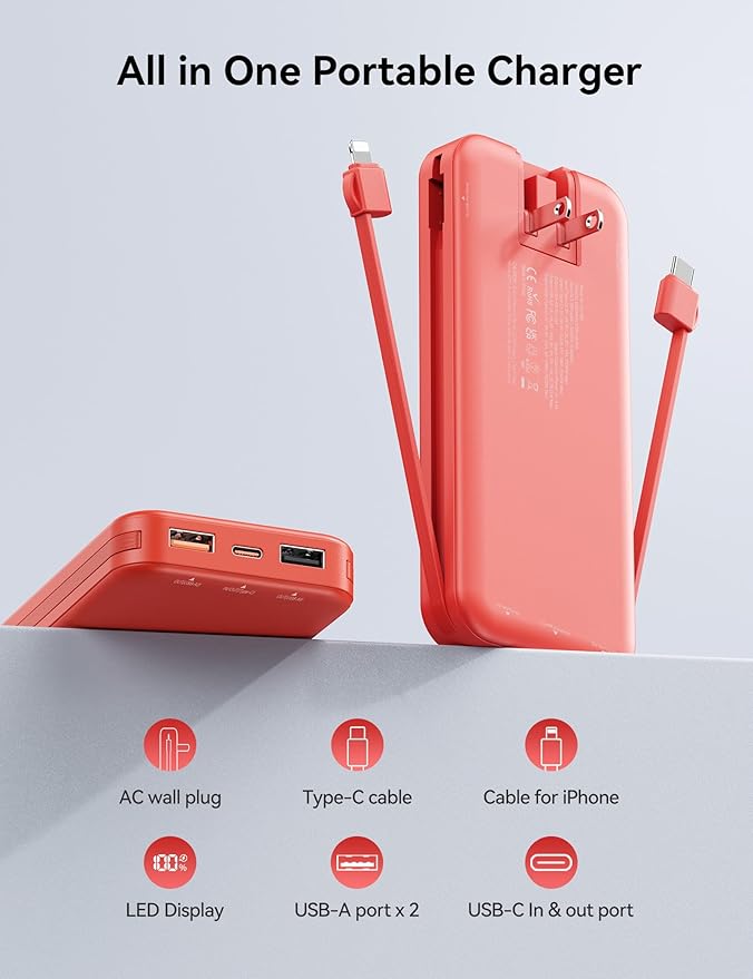 12000mAh Ultra-Portable-Charger-Power-Bank with Built in Cables&AC Wall Plug,PD20W USB-C Fast Charging Cell Phone Charger Battery Pack,LED Display Travel Battery Bank for All iPhone,Samsung,Android