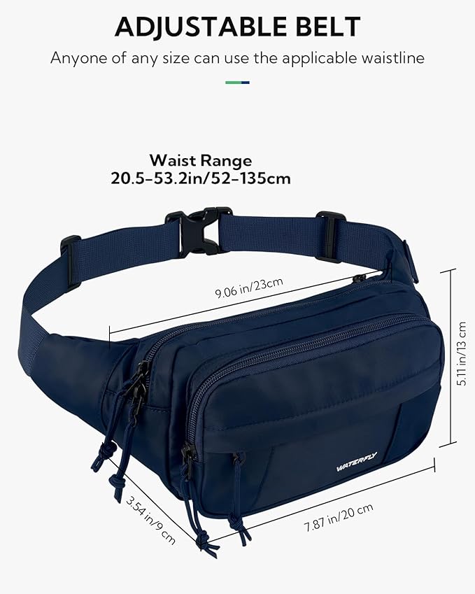 WATERFLY Fanny Pack Waist Packs: Large Crossbody Fanny Packs for Women Men with 5 Zipper Pockets Adjustable Strap Waist Bags Hip Pack for Traveling Cycling Running Hiking-Navy Blue