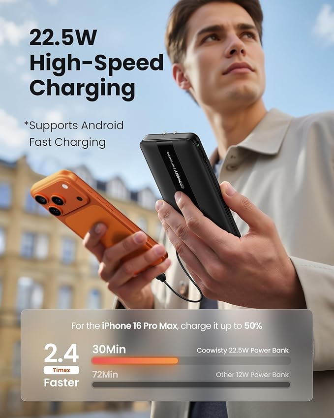 Portable Charger with Wall Plug, Fast Charging Power Bank Built-in Cables, Slim 10500mAh 22.5W 4 Outputs 3 Inputs LED Display External Battery Pack Compatible with iPhone/Android (Black)