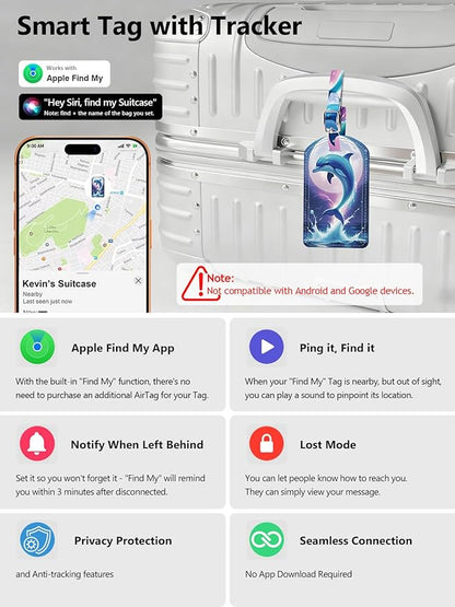 Luggage Tags Built-in Anti-Loss Tracker, Luxury Leather Luggage Tags for Suitcase, Travel Bags, Backpacks, Travel Organizer for Lost Baggage Prevention (Moon Dolphin)