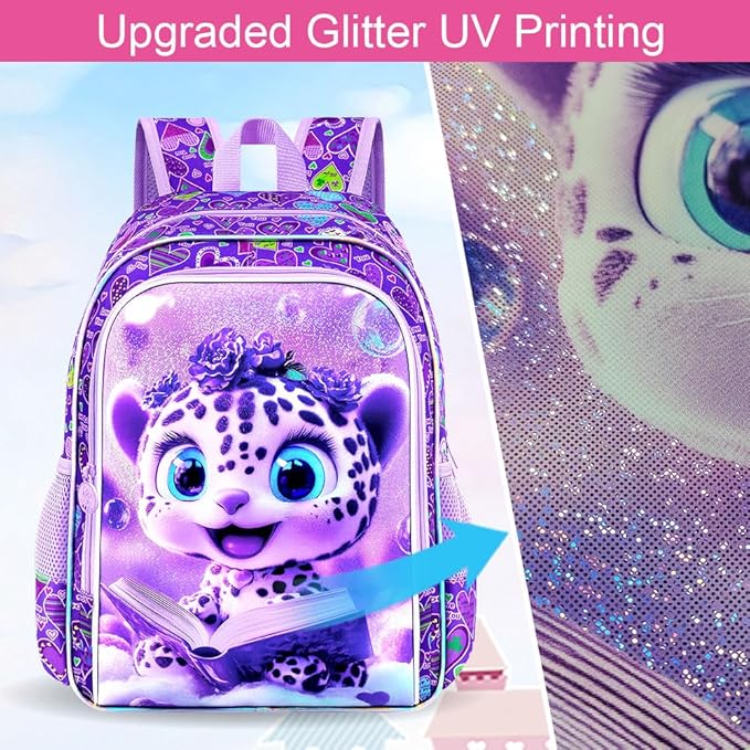 WZLVO 3PCS Kids Leopard Bookbag for Girls, 16" Glittery UV Printing Girls Backpack/School Bag with Lunch Box & Pencil Bag for Preschool to Elementary - Reading Leopard Purple