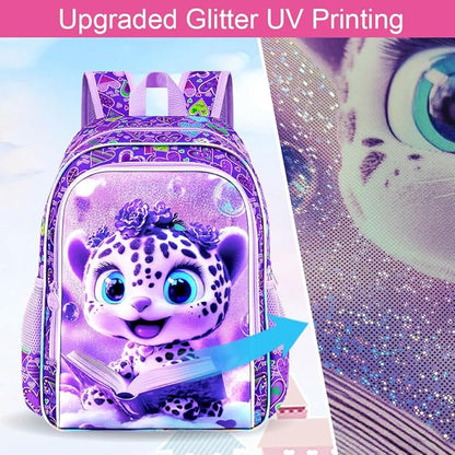WZLVO 3PCS Kids Leopard Bookbag for Girls, 16" Glittery UV Printing Girls Backpack/School Bag with Lunch Box & Pencil Bag for Preschool to Elementary - Reading Leopard Purple