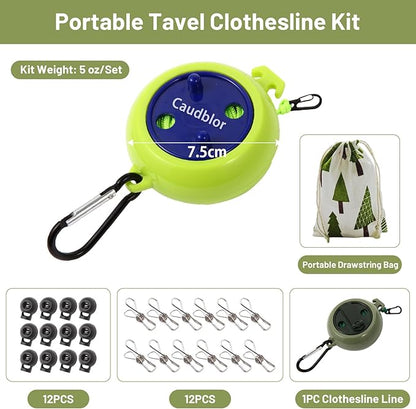 Portable Travel Clothesline Cord, Caudblor Adjustable 33ft Camping Clothes line, Laundry Drying Rope for Hotel Trip, Cruise, Outdoor/Indoor, with 12Pcs Stoppers, Windproof Clothespins