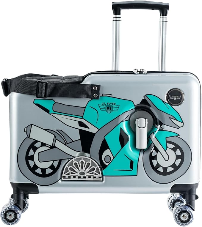 Younglingz LIL FLYER GO Version 2 Ride On Suitcase for Kids | Carry On Luggage with Toddler Seat, Foldable Handlebars, Pedals, and Removable Wheels | Holds up to 80 lbs | Green Motorcycle | Ages 2-6