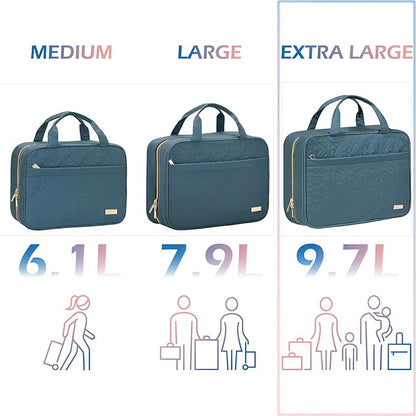 NISHEL Travel Toiletry Bag for women, Portable Hanging Organizer for Family-Sized Shampoo, Conditioner, Brushes Set, Makeup Accessories, Extra Large Size, Lake-Blue