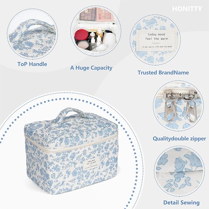 Makeup Bag,Quilted Cosmetic Bags,Large Floral Make Up Bags for Women, Makeup Organize,Flower Travel Toiletry Bag