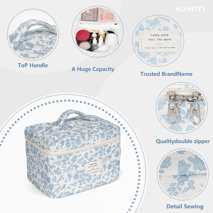 Makeup Bag,Quilted Cosmetic Bags,Large Floral Make Up Bags for Women, Makeup Organize,Flower Travel Toiletry Bag