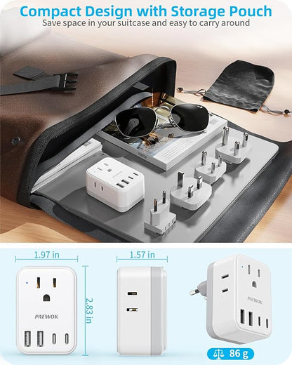 International Travel Adapter Set, US to UK/EU/South Africa/India Universal Power Adapter- 4 AC Outlets 4 USB Ports (2 USB C), Travel Plug Adapter Kit Include Type G/C/M/D Detachable Plug