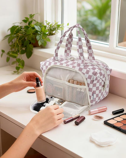 Narwey Travel Toiletry Bag, Wide-open Large Toiletry Bags for Traveling Women, Checkered Travel Bag for Toiletries Cosmetic Makeup Bag Organizer, Skincare Make Up Bag (Dusty Pink Checkerboard)