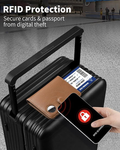 Passport Holder for Travel with AirTag Holder- Leather RFID Blocking Travel accessories with 5 Cards Slot&1ID Window,Magnetic Closure,Gift Box(Air Tag Not Included)
