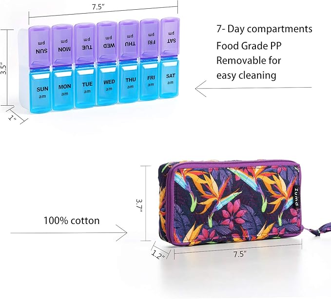Weekly Pill Organizer 2 Times a Day, Zumd Pill Box 7 Day with Cute Quilted Fabric Zipper Case, Travel Pill Case Am Pm for Vitamin Medicine Organizer
