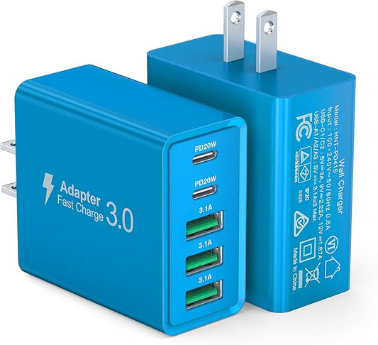 [2-Pack] USB C Wall Charger, 60W USB C Charger Block 5-Port PD Fast Charging Blocks,2USB C+3USB A Multiport Plug,Type C Power Adapter Brick Cube for iPhone17/16/15/14/Pro,iPad,Samsung,for Switch（Blue）