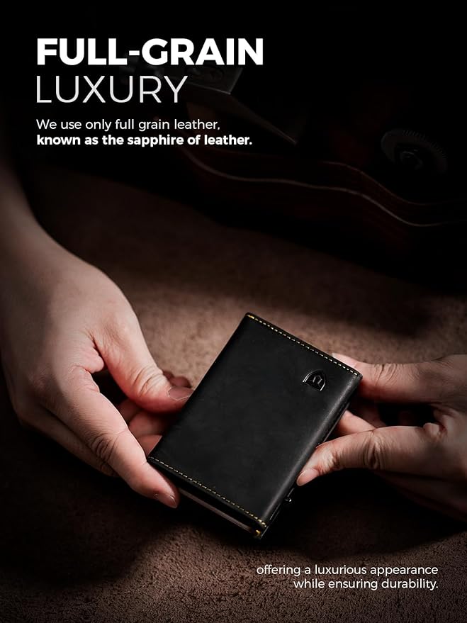 LORZOR Minimalist Wallet for Men with Credit Card Holder, Finest Full Grain Leather, Pop up Smart Wallet, Trifold Slim Wallet, RFID Blocking, Front Pocket, ID Window (Black/Yellow Black)