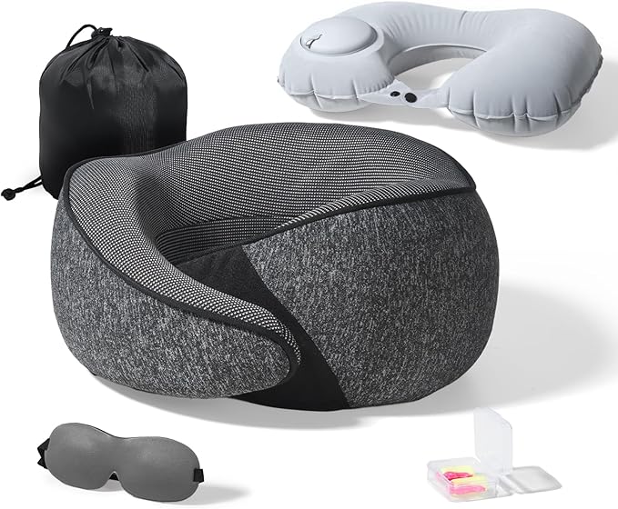 Cozi Travel Pillow for Airplane,100% Pure Memory Foam Airplane Pillow with Inflatable Adjustable Neck Pillow for Women Men Traveling Sleeping Long Flight Portable Plane Accessories Deep Gray