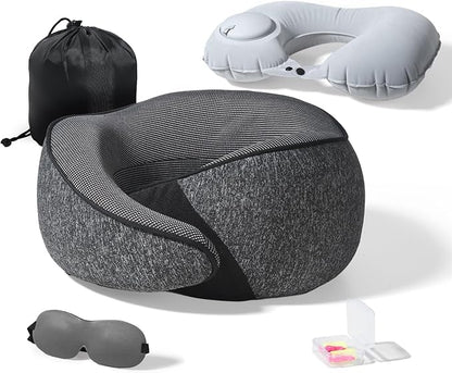 Cozi Travel Pillow for Airplane,100% Pure Memory Foam Airplane Pillow with Inflatable Adjustable Neck Pillow for Women Men Traveling Sleeping Long Flight Portable Plane Accessories Deep Gray