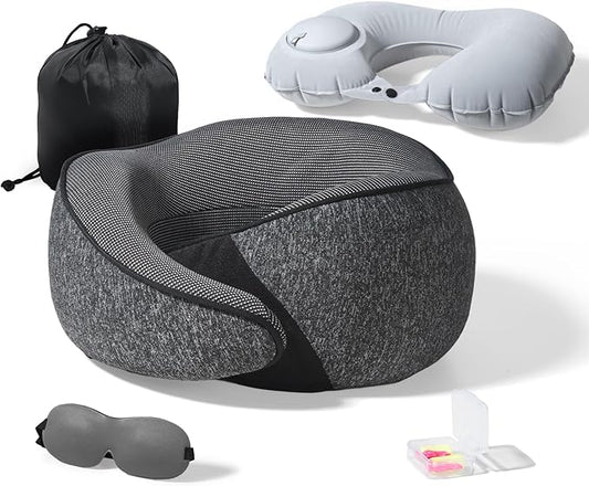 Cozi Travel Pillow for Airplane,100% Pure Memory Foam Airplane Pillow with Inflatable Adjustable Neck Pillow for Women Men Traveling Sleeping Long Flight Portable Plane Accessories Deep Gray