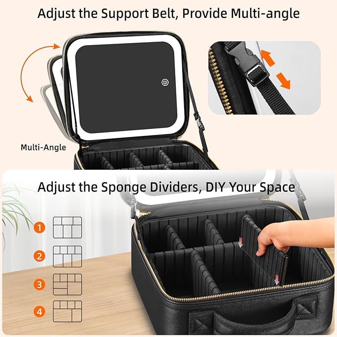 Makeup Bag with Mirror and Light 3 Colors, Travel Make up Bag with Mirror Portable Lighted Makeup Case Organizer Cosmetic Case with 2-Layers Adjustable Dividers & 10X Magnifying Mirror(Black)