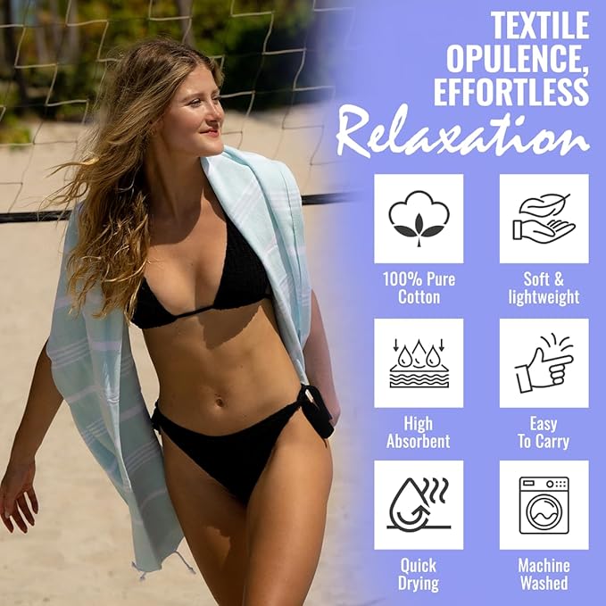 Beach Towel 100% Cotton Turkish Beach Towel Adult 38x70 Inch Pre-washed Absorbent Extra Large|Sand Free Quick Dry BathTowels|Lightweight Blanket|Travel Cruise Camping Spa Gym Sports Towel|Fair Aqua