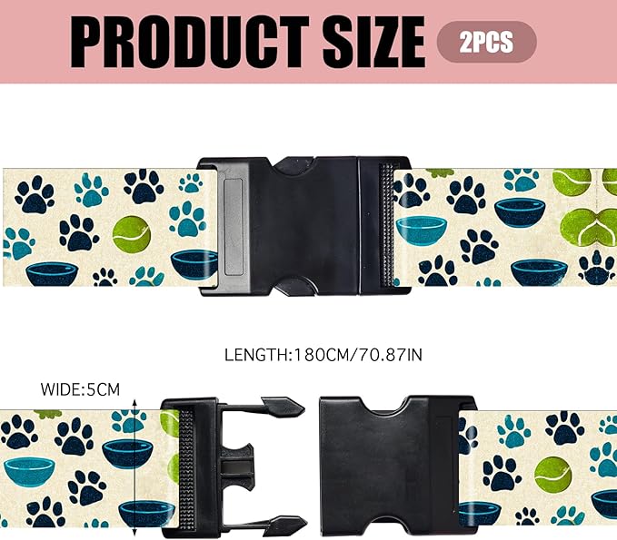 Nuxovilar Luggage Straps of 2 Set Pet Paws Bowls Tennis Balls Pattern, 1.96x90.5 inches - Luggage Straps for Suitcases, Ideal for Pet Owners, Travel, Outdoor Trips