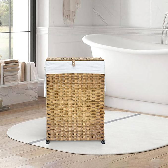88L Slim Laundry Hamper with Wheels, 23.3 Gallon Rolling Laundry Basket with Lid, Tall and Narrow Laundry Hamper with 2 Removable Liner & 3 Mesh Bags, Laundry Sorter for Bathroom, Natural