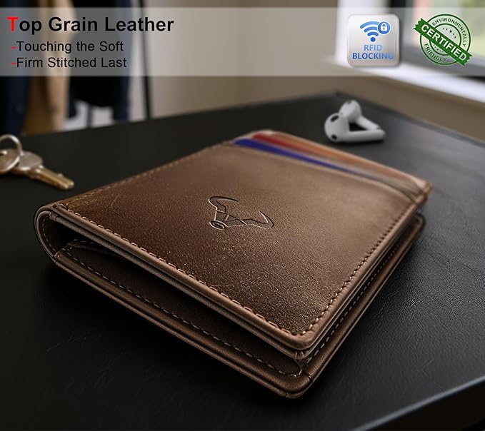 BULLIANT Men Wallet,Top Grain Leather Slim Wallet Magnetic Closure Simplifed Bill Folder RFID Blocking 11Cards