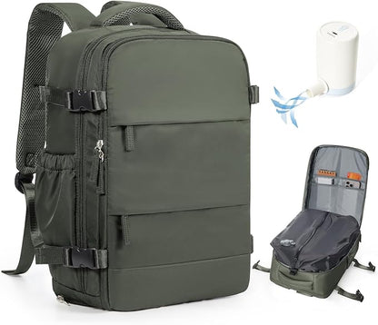 Vacuum Backpack Travel with Pump,Vacuum Seal Bags for Clothing, Shoe Compartment,United Airlines Personal Item Bag 17x10x9,Mochila compresion al vacio,Brown Green