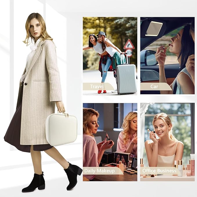 Travel Makeup Bag for Makeup Artists Large Makeup Case,with Mirror 3 Color Setting and Detachable 10x Magnifying Mirror Travel Makeup Bag,Portable Storage and Adjustable Dividers（white）