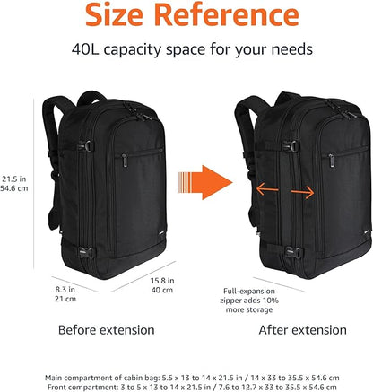 Amazon Basics Travel Backpack, Carry On Backpack, With Laptop Compartment, 40L Capacity, Expandable for 10% Extra Space, Backpack & Shoulder Bag Dual Use, 15.8"W x 21.5"H x 8.3"D, Black