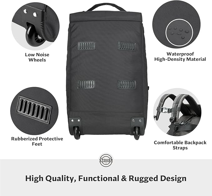 STOVER 45L Carry-On Rolling Duffel Bag with Wheels, Medium Durable Travel Duffle w/Toiletry Bag, Heavy-Duty, Packable, Foldable with Shoulder Straps- Use as Luggage or Backpack, Men/Women (Black)