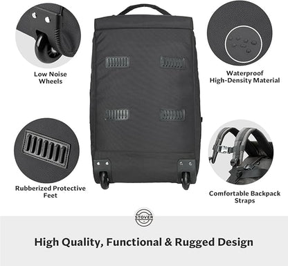 STOVER 45L Carry-On Rolling Duffel Bag with Wheels, Medium Durable Travel Duffle w/Toiletry Bag, Heavy-Duty, Packable, Foldable with Shoulder Straps- Use as Luggage or Backpack, Men/Women (Black)