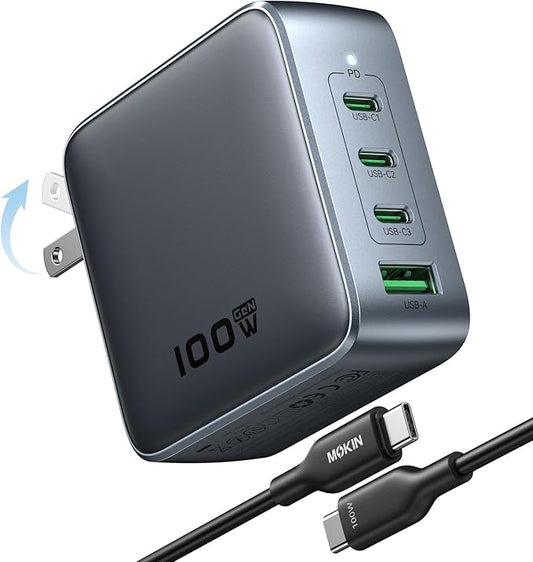 100W USB C Wall Charger Block, 4-Port PD3.1 GaN Foldable Compact PPS Fast Laptop Charger Power Adapter for MacBook Pro/Air, Dell XPS, iPhone 17/16 Pro, iPad Pro, Galaxy S25/S24, Steam Deck, and More