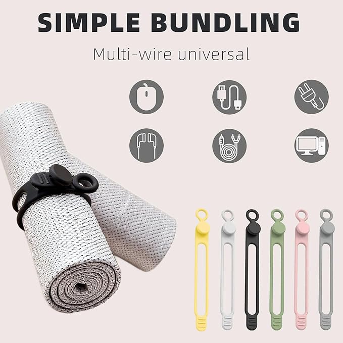 Data Cable Organizer, 2025 New Elastic Silicone Cable Straps Cord Organizer, Reusable Cable Ties Wire Organizer for Bundling and Fastening Earphone, Phone Charger (24 Pcs)