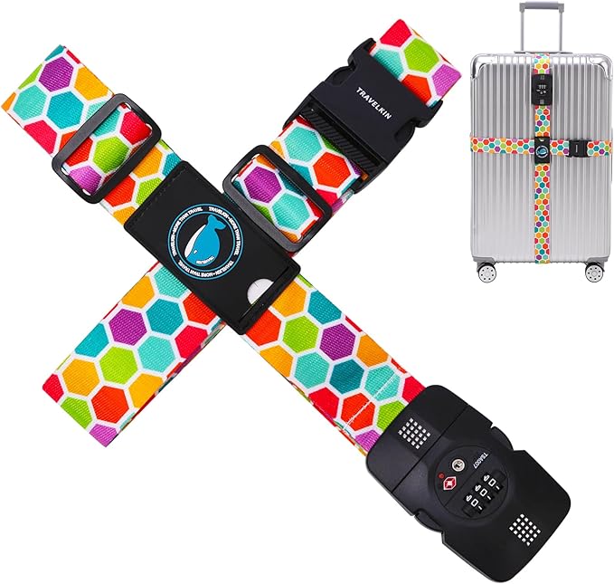 Travelkin Luggage Straps TSA Approved - Adjustable Cross Suitcase Straps with TSA Lock, Reinforced Buckle, Unique Pattern - Secure Heavy Duty Luggage Straps for Travel (Honeycomb)