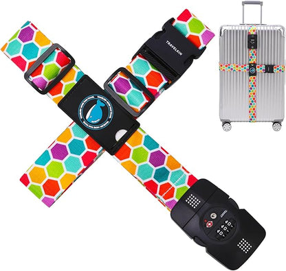 Travelkin Luggage Straps TSA Approved - Adjustable Cross Suitcase Straps with TSA Lock, Reinforced Buckle, Unique Pattern - Secure Heavy Duty Luggage Straps for Travel (Honeycomb)