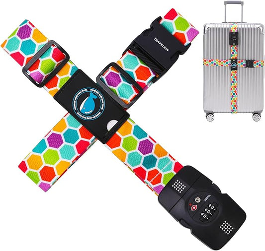 Travelkin Luggage Straps TSA Approved - Adjustable Cross Suitcase Straps with TSA Lock, Reinforced Buckle, Unique Pattern - Secure Heavy Duty Luggage Straps for Travel (Honeycomb)