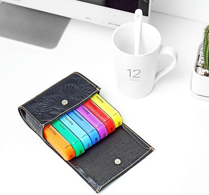 Pill Organizer,LIZIMANDU Weekly Travel Pill Case Box Medication Reminder Daily AM PM, Day Night 7 Compartments,for 4 Times A Day, 7 Days a Week-Includes Leather PU Carrying Case(1-Carved Black)