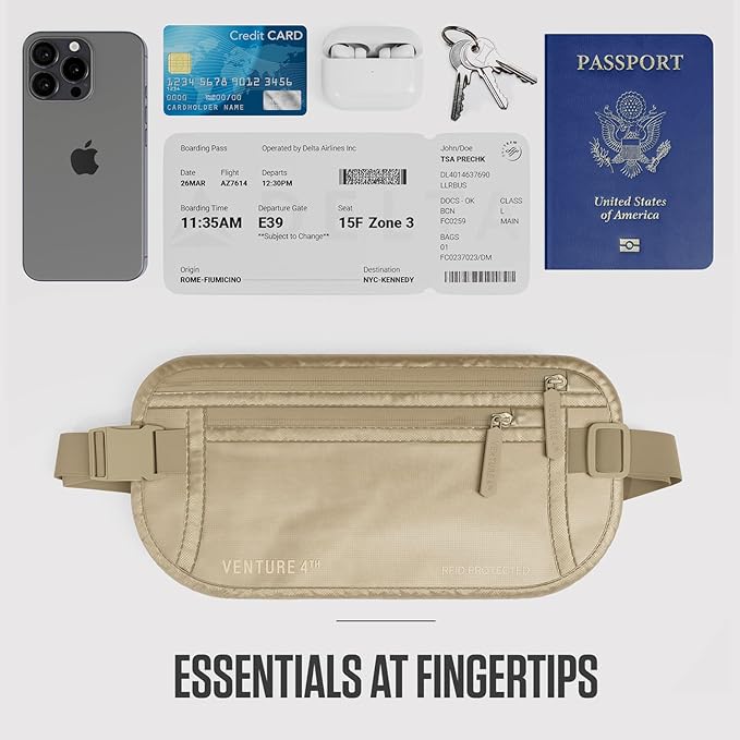 Travel Money Belt, RFID Blocking for Men & Women - Ideal for Keeping Your Cash, Credit Card, Passport, Phone Safe When Traveling (Sleek Beige)