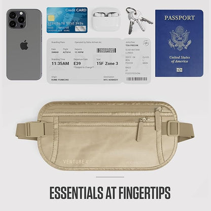 Travel Money Belt, RFID Blocking for Men & Women - Ideal for Keeping Your Cash, Credit Card, Passport, Phone Safe When Traveling (Sleek Beige)