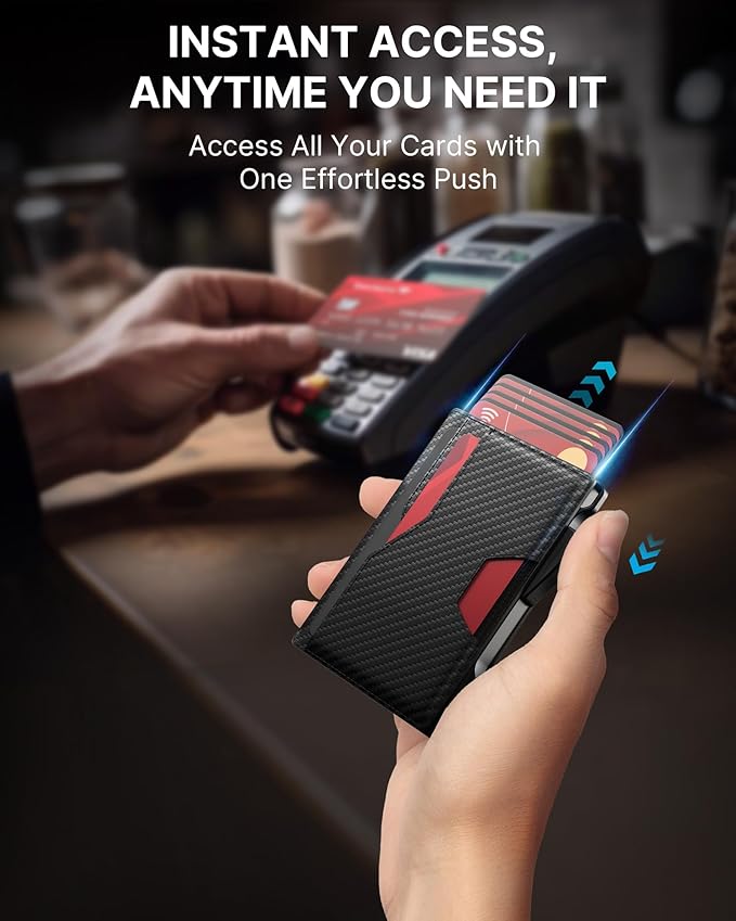 typecase Wallet for Men: Rfid-blocking with Money Clip Slim Leather Bifold ID Window Smart Pop Up Card Case Front Pocket Wallet with Gift Box (Carbon Fiber Black)