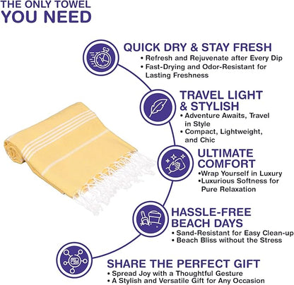 Turkish Beach Towels, Pack of 2 | Oversized, Quick Dry, Sand Free | 100% Cotton, Large 38x71 Towels for Beach, Pool, Travel | Ultra-Soft, Compact, and Absorbent | Yellow