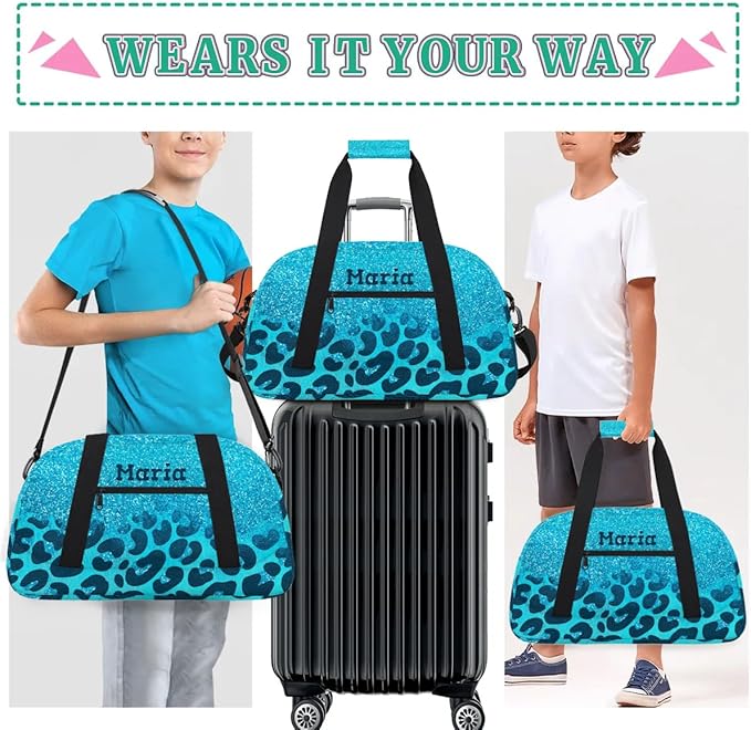 Personalized Kids Sports Duffel Bag with Name Custom Weekender Overnight Bag for Boys Girls Gym Bag Travel Dance Gymnastics Duffel Bag, Blue Glitter Leopard Print