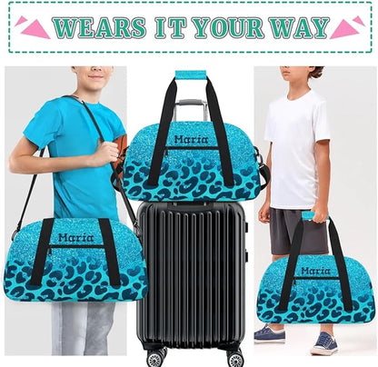 Personalized Kids Sports Duffel Bag with Name Custom Weekender Overnight Bag for Boys Girls Gym Bag Travel Dance Gymnastics Duffel Bag, Blue Glitter Leopard Print