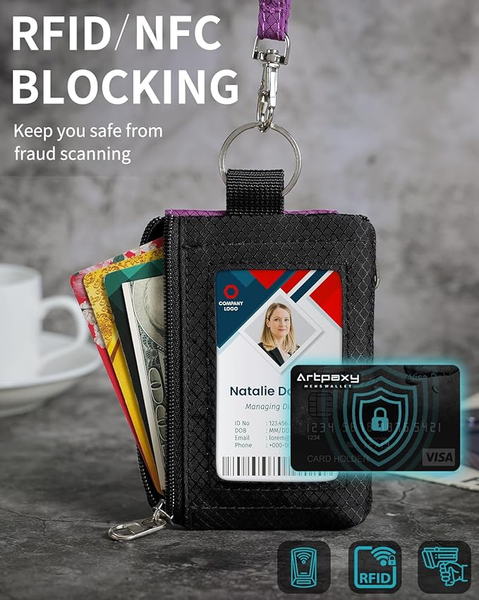 Minimalist Wallet For Mens Womens, Keychain RFID Blocking Zipper Small Wallet with ID Window 2 Lanyards,Water Resistant Travel Cash Card Coin Case Boys Girls