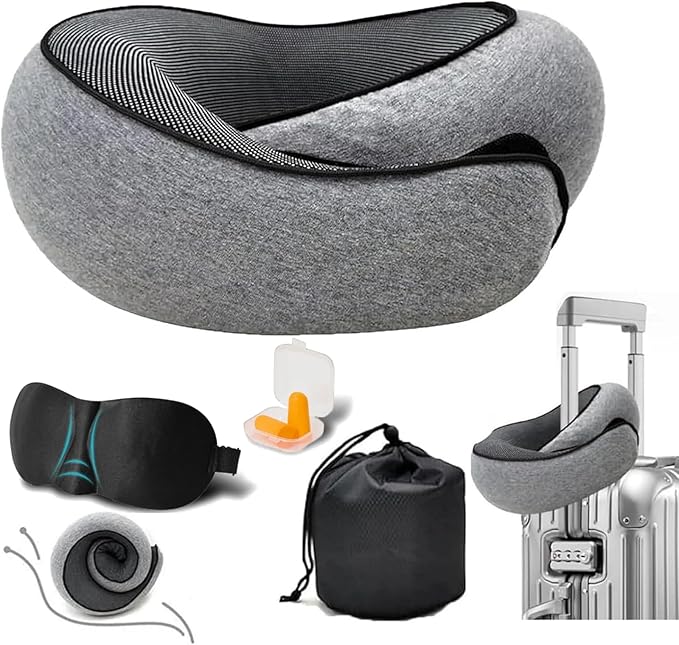 Travel Neck Pillows for Airplanes, 360° Head Support Sleep for Long Flight, Skin-Friendly & Breathable, Kit with 3D Contoured Eye Mask and Earplugs, 100% Pure Memory Foam Full Neck Surround Pillows